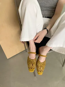 French retro hollow square toe flat shoes for women, stylish suede cutout casual sandals daily wear.