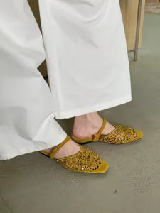 French retro hollow square-toe flat shoes, elegant cutout suede women single shoes details.