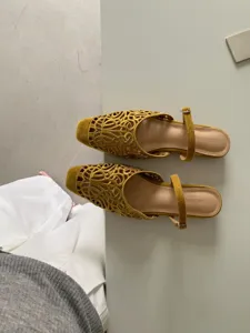 French retro hollow square-toe women mules detail, stylish cut-out comfortable summer flat shoes