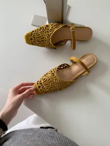 Chic women vintage mustard yellow suede cutout square toe low heel mules slip-on shoes