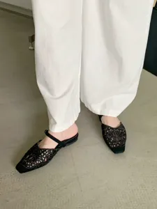 Black hollow square toe flat mules detail, elegant retro style comfortable women daily shoes.