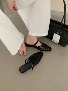 French vintage style hollow square toe low heel women shoes detail view, comfortable mesh.
