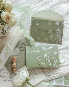 Ensemble de cartes de vœux et enveloppes vertes vintage papeterie florale dorée cadeau