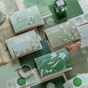 Cartes de Vœux Vintage Vert Forêt Botanique Dorure Marquage à Chaud Set Enveloppe Élégant Papier Lettres Floral Cartes pour Anniversaire Message Cadeau