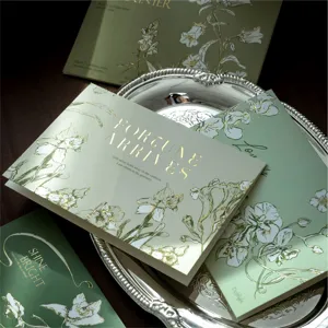 Ensemble de cartes de vœux rétro vert doré esthétique botanique message enveloppe cadeau