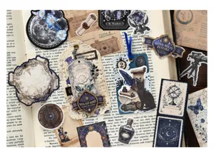 Vintage celestial journaling stickers set, decorative planner tags and scrapbooking material details.