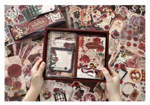 Infeel.Me vintage scrapbooking gift set with rose theme notebook stickers and decorative paper.