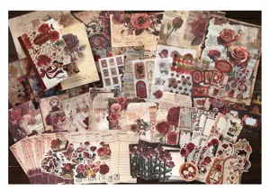 Vintage rose journal material paper set, creative decorative stickers and memo pads details.