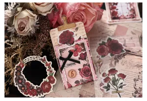 Vintage journal stationery set with decorative stickers, retro rose theme scrapbooking material.