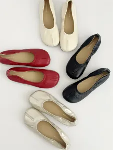 Soft leather split-toe flats, comfortable slip-on casual shoes in multiple colors.