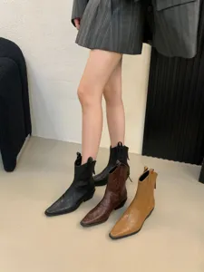 Detail of retro pointed toe chunky heel western cowboy short boots for women in colors.