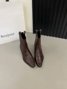 Dark brown chunky heel vintage western cowboy short boots for women, stylish pointed toe.