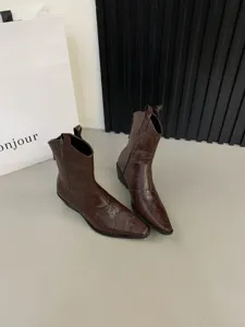 Brown vintage pointed toe chunky heel western cowboy short boots for women fall new