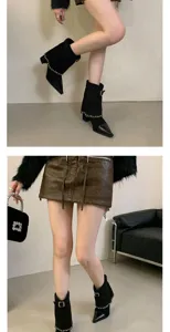 Black suede pointed toe mid-calf boots for women featuring stylish metal chain details and thick heels.
