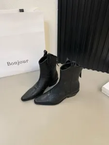 Women vintage black pointed toe western cowboy short boots, thick chunky heel fashion footwear.
