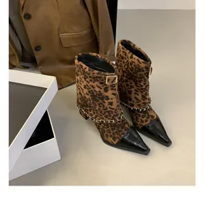 Leopard print suede pointed-toe boots with chain detail, stylish mid heel design for autumn winter.