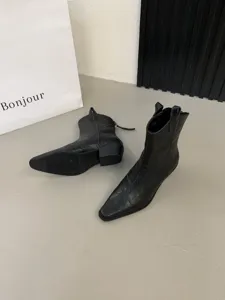 Women French Vintage Pointed Toe Chunky Heel Western Short Boots Black Elegant Footwear
