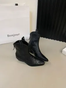 Women's black pointed toe chunky heel western cowboy short boots new fall style footwear