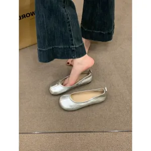 Ballerine plat argentate da donna, comoda suola morbida scarpe casual rotonde.
