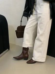 Pointed toe block heel western boots for women, classic brown retro style detailed view.