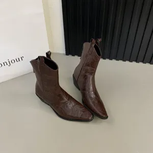 Women brown pointed toe chunky heel western cowboy short boots stylish footwear main view display