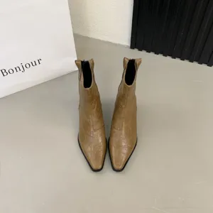 Retro square toe block heel western short boots for women, stylish autumn fashion footwear.