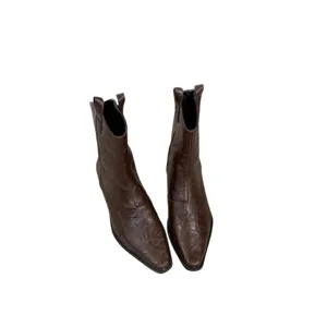 Women's retro western cowboy short boots chunky heel brown fashion autumn footwear