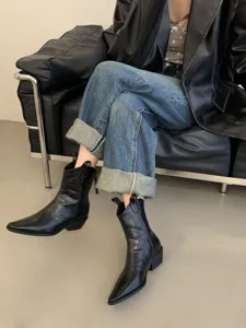 Women vintage pointed toe chunky heel black western ankle boots short cowgirl boots