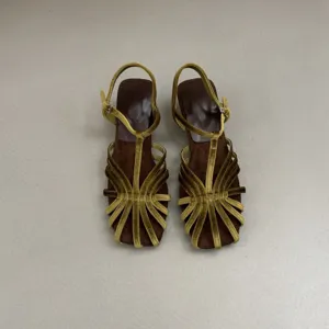 Olive green velvet multi-strap mid-heel Roman sandals, stylish summer footwear for women detail view.