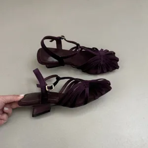 Purple velvet strappy roman sandals detail view, elegant closed toe low heel shoes for women
