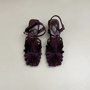Dark purple velvet strappy high heel sandals with stylish woven T-strap and square toe design.