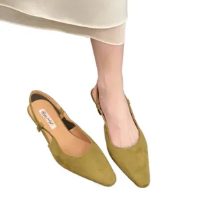 French vintage pointed toe low heel slingback sandals for women in elegant suede style.