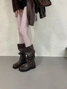 Bottes cavalières marron pour femmes, talon épais, bottes hautes mode automne hiver.