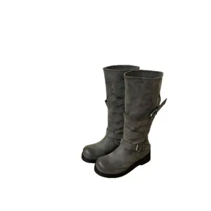 Bottes femme talon épais slouch western cowboy bottes longues vintage boucle motard