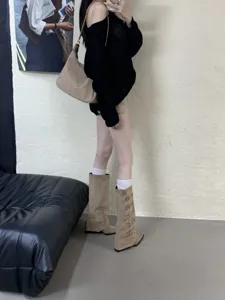 Women wedge knee high boots suede pointed toe buckle winter fashion stylish footwear.