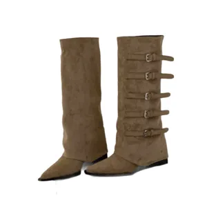 Women suede knee high boots pointed toe multi buckle fashion vintage winter long boots