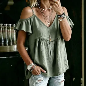 Casual green off-shoulder ruffle sleeve V-neck blouse for women stylish comfortable daily wear.