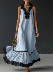 Chic light blue maxi dress featuring contrasting black ruffles along the V-neckline and hem.