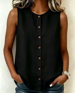 Vue de détail d'un haut sans manches noir en lin avec boutons pour femmes style décontracté.