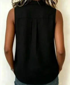 Femme ete noir sans manches chemisier boutonné decontracté gilet coton lin haut pli