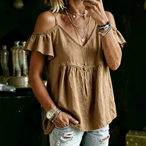 Casual women cotton linen ruffle strap v neck top detail showing relaxed fit brown blouse.