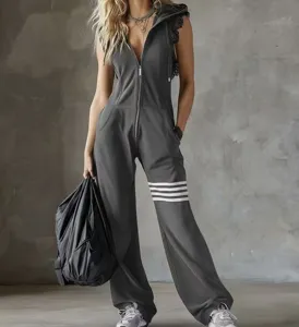 Detail view of womens athletic sleeveless hooded jumpsuit with lace trim and leg stripes.