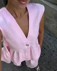 Pink linen V-neck sleeveless top and trousers set for women elegant summer casual two piece outfit