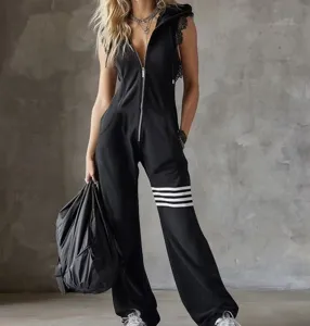 Women's black sleeveless hooded jumpsuit with lace trim and sporty stripe details for summer.