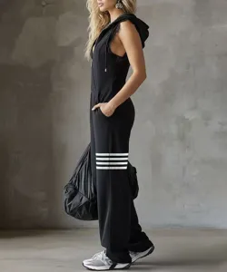 Women's sleeveless hooded jumpsuit with lace trim and sporty side stripes for summer casual wear.