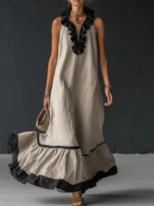 Sleeveless V-neck loose casual ruffle long maxi dress in beige with black contrast trim.