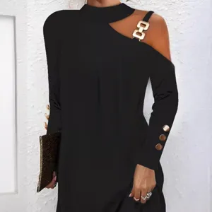 Women's Black Cold Shoulder Long Sleeve Dress with Metal Chain and Button Details