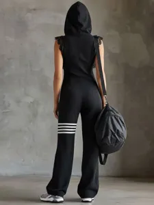 Women Summer Sports Retro Lace Stripe Sleeveless Hooded Jumpsuit Casual Streetwear