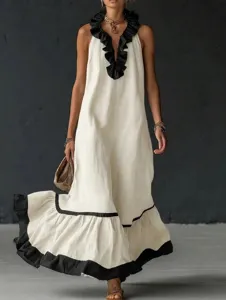 Summer sleeveless v-neck maxi dress with stylish black ruffles, casual elegant beach wear.