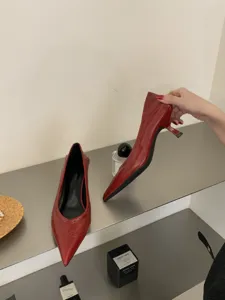 Red pointed toe kitten heels women elegant leather dress shoes for daily office commute.